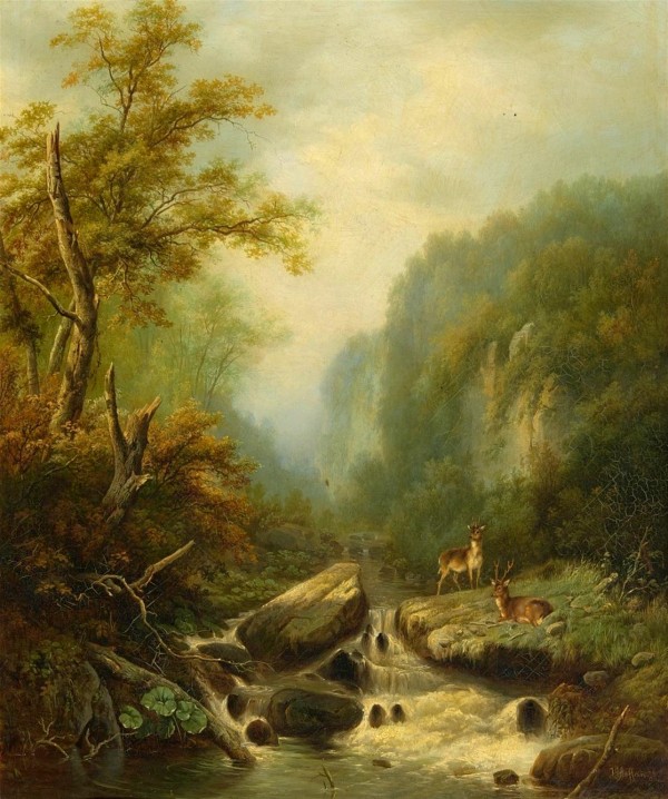 Landscape with two deer next to a river by Johann Gottfried Steffan
